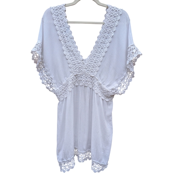 Blue Island Tunic Dress Top Crochet Trim White Size L - Picture 3 of 5